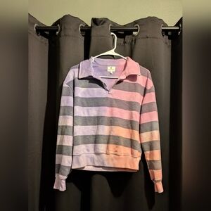 Sundry Johnny Collar Purple Multi Stripe Sweatshirt Women's Size Small